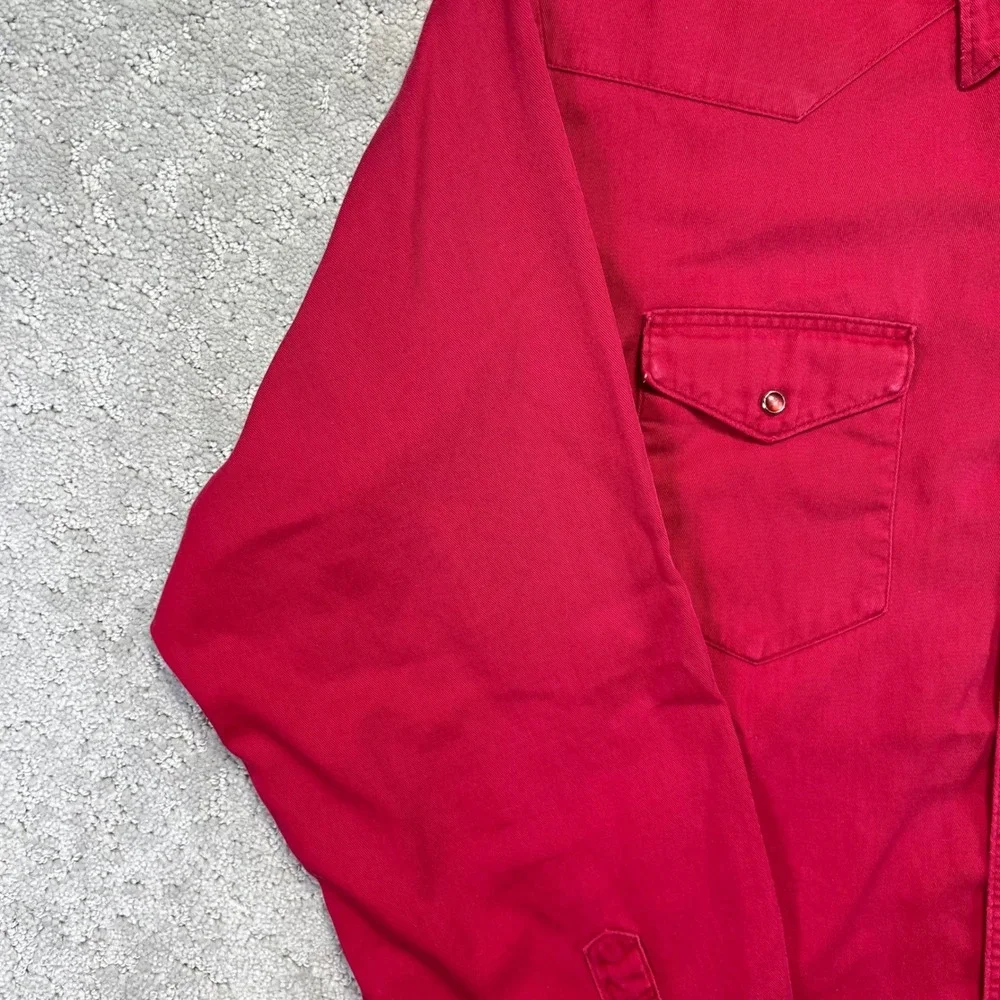 VINTAGE Wrangler Western Shirt Mens Large Red Faded Distressed Pearl Snap Cotton